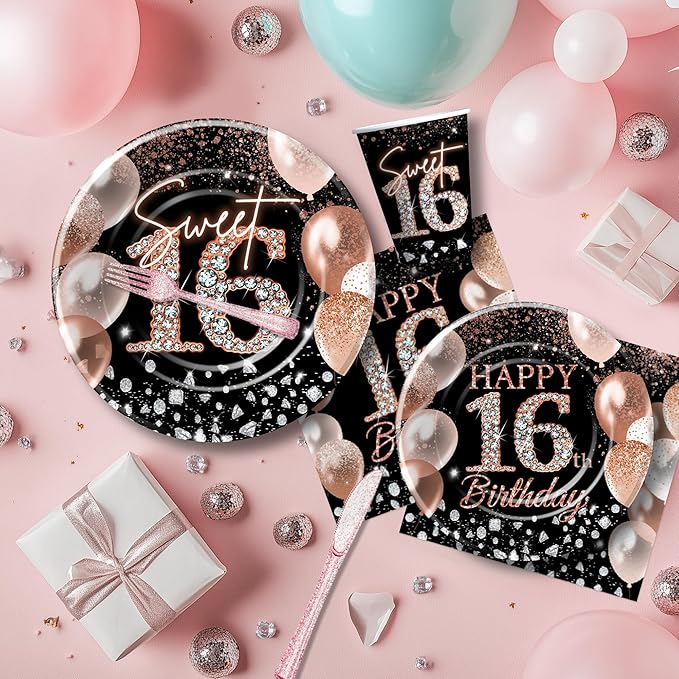 Sweet 16 Birthday Decorations for Girls, Black and Rose Gold Happy 16th Birthday Party Supplies Tableware, Paper Plate, Napkin, Cup, Disposable Cutlery, Tablecloth, Banner, Swirls, Serves 24