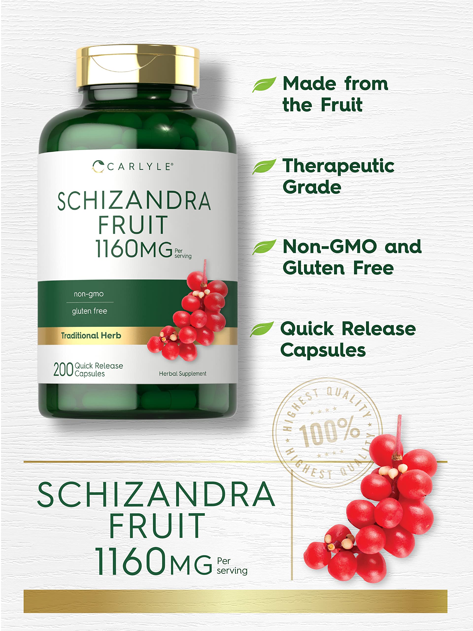 Carlyle Schisandra Supplement 1160 mg | 200 Capsules | Berry Fruit Extract | Non-GMO and Gluten Free