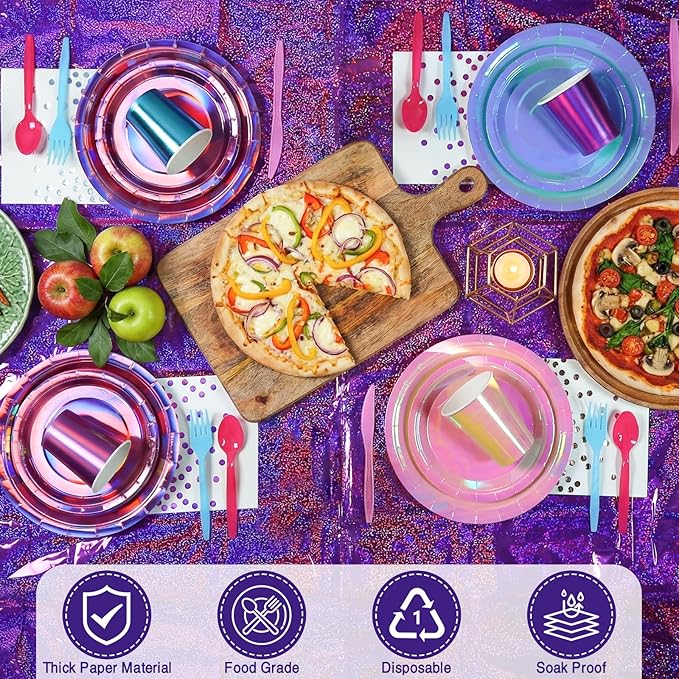 Iridescent Plates and Napkins Party Supplies Set for 25 Guests,Purple Disposable Tablecloth,Disco Style Plates for Birthday & Trendy Celebrations