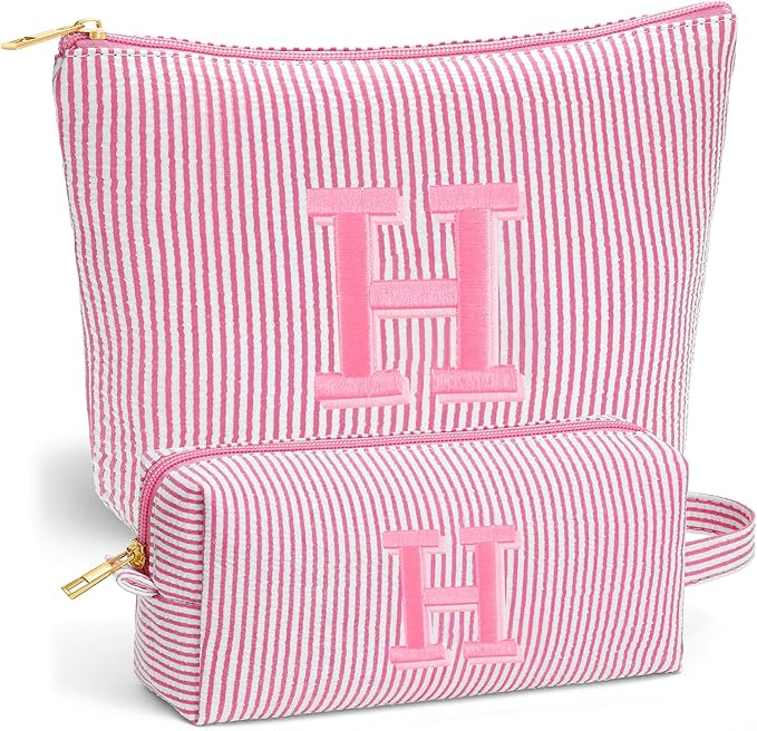 Christmas Gifts for Women - Christmas Stocking Stuffers, Personalized Small Makeup Bag for Purse Travel Makeup Bag Set, Initial Make up Bag Pouch,Birthday Gifts for Women, Pink Letter H