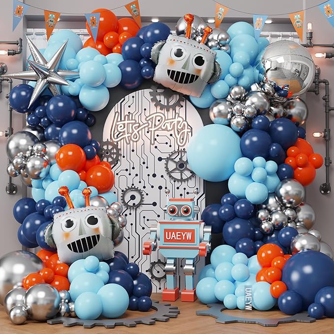 150Pcs Robot Balloon Arch Kit with Robot & Explosion Star Foil Balloons - Blue, Silver, Orange Balloons Arch Supplies for Robotics for Party, Sci-Fi Themed Birthday & Baby Shower (Blue Orange)
