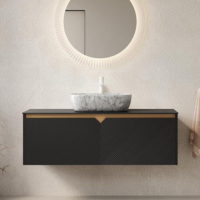 48 Inch Bathroom Vanity with Sink, Floating Fluted Vanity with Vessel Sink, Modern Wall Mounted Bathroom Vanity Cabinet with 2 Doors, Oval Marble Vessel Sink & Sintered Stone Top, Black