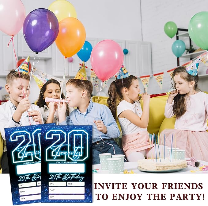 SIXEIGHT Blue 20th Birthday Invitations for Boys, Neon Glow Party Invitations for Girls Kids, 20 Pack Double Sided Invite Cards with Envelopes, 20th Glow Neon Birthday Party Decorations, 4x6 Inch-C53