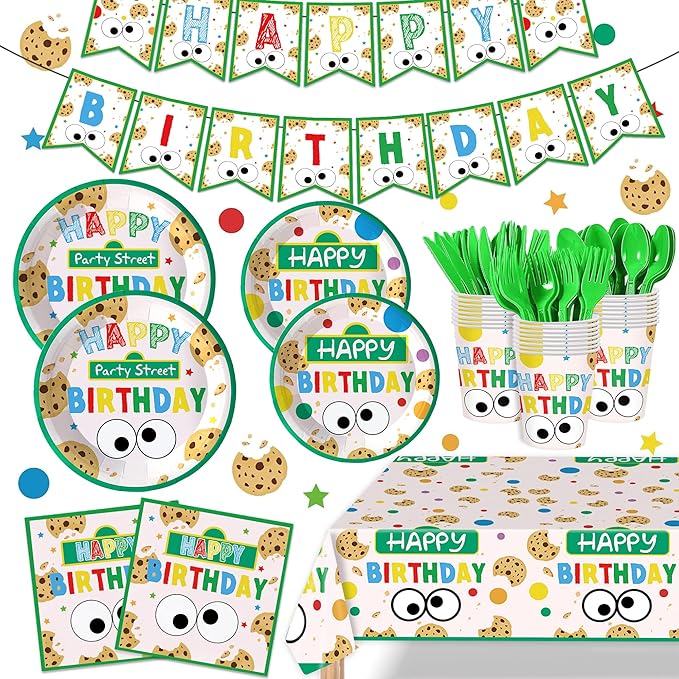 170PCS Cookie Party Supplies for Baby Boys Girls 1st 2st Birthday Party Monster Themed Tableware Set Napkin Cups Forks Knives for 24 Guests