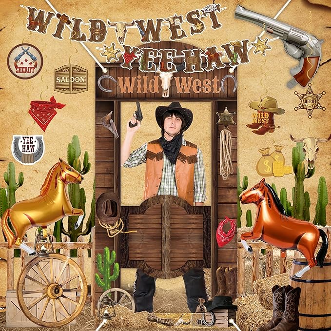 Western Party Decorations For Boys, Cowboy Rodeo Party Supplies,Wild West Banner,Photo Booth Props,Horse Foil Balloon for Men