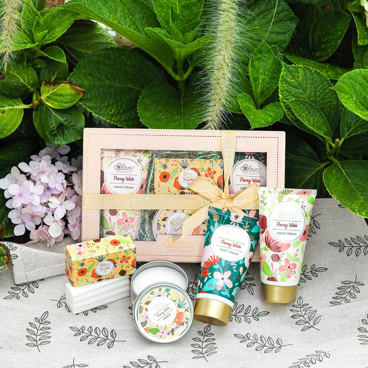 BODY & EARTH # LOVE Hand Cream Gifts Set for Women,Hand Lotion Sets Gift Basket,Skin Care Set with Hand Cream Foot Cream,Soap,Scented Candle,Birthday Gifts for Women Graduation Gift for Girl