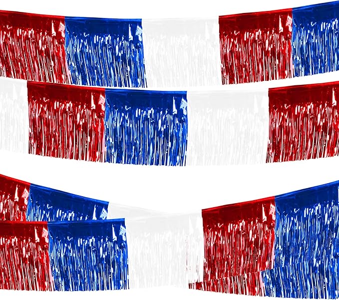 4 Packs 10 Feet Long Foil Fringe 4th of July Garland Memorial Day USA Red White Blue Independence Day Tinsel Metallic Patriotic Wall Hanging Banner for Car Parade Floats Garden Decorations