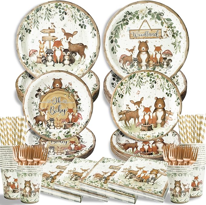 300Pcs Woodland Baby Shower Party Supplies - Serves 50 Guests, Safari Jungle Animal Party Decorations Include Plates and Napkins, Cups, Straws, Forks