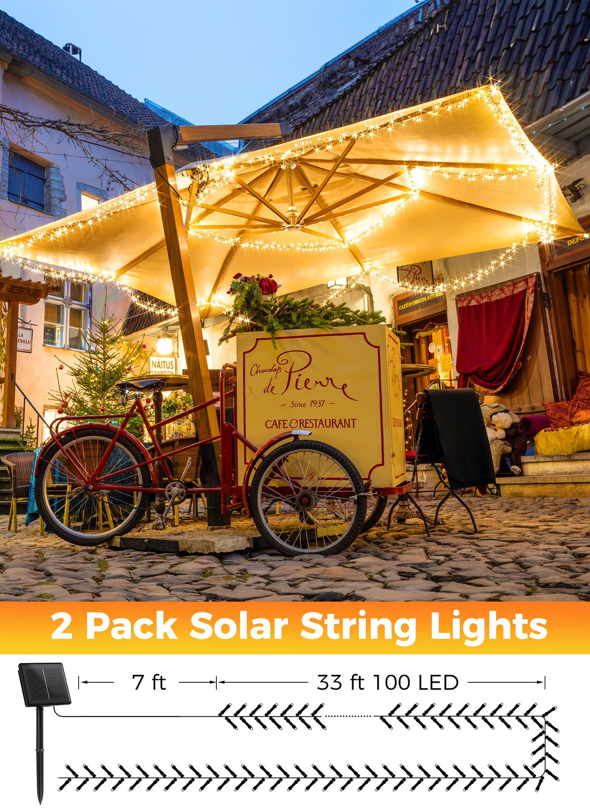 Solar String Lights Outdoor, 2 Pack Total 80FT 200 LED Solar Powered String Lights with 8 Lighting Modes, Waterproof Patio Lights, Solar Lights for Outside Tree Garden Balcony Gazebo Party, Warm White