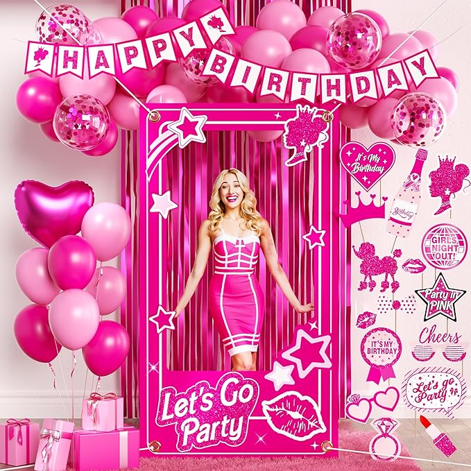 Birthday Decorations for Women,Happy Birthday Banner, 35 Balloons,Photo Booth Props for Girls (Hot Pink)