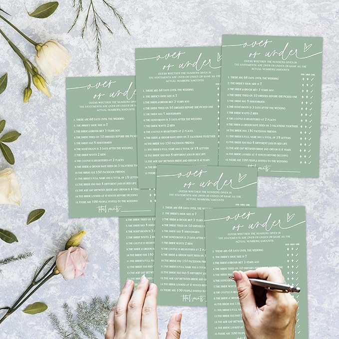 Over or Under Game Cards, Sea Green Bridal Shower Games, 30 Elegant Wedding Game for Bachelorette Engagement Party Reception Supplies - A11