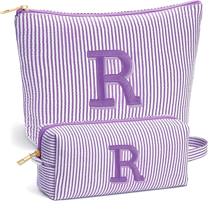 Initial Makeup Bag Set for Women - Personalized Travel Pouch, Portable Cosmetic Bag Make up Kit Pouch | Travel Essentials Cute Makeup Bag Birthday Gifts for Women, Purple Letter R