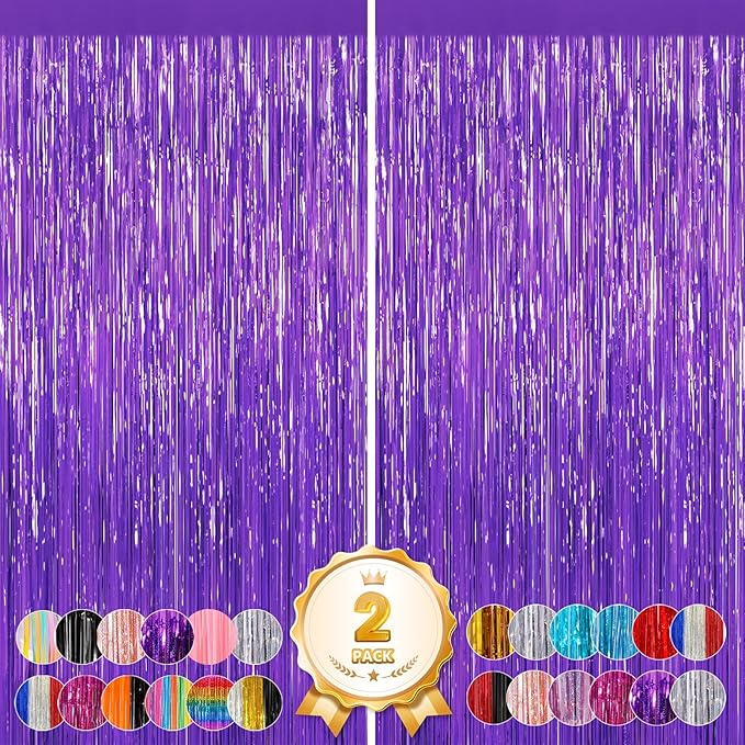 2Pack Purple Backdrop Metallic Tinsel Streamers Foil Fringe Backdrop Halloween Party Decorations Curtain Photo Booth Props Wedding Birthday Graduation Bachelorette Xmas New Year Party Decors