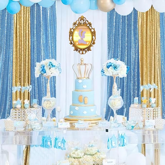 B-COOL Baby Blue Backdrop Curtains 4 Panels Baby Shower Sparkly Drapes 2ft x 8ft Baby Shower Curtain Drapes Baby Blue Spring Stage Backdrop Fabric
