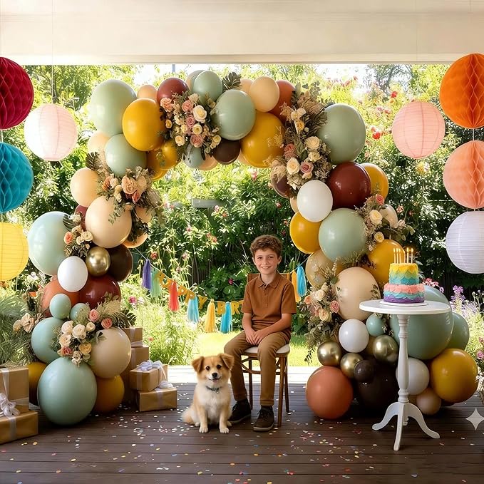 Green Brown Balloon Arch Double Stuffed Latex Sage Green White Gold Balloons Mustard Yellow White Balloon Garland For Birthday Baby Shower Safari Jungle Wooland Garden Theme Party Decor