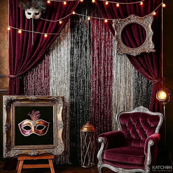 KatchOn, Burgundy Black and Silver Foil Fringe Curtains – Pack of 6 | Tinsel Backdrop for Bridal Shower, Bachelorette Party Decorations | Streamer Backdrop for Christmas, Halloween Decorations Indoor