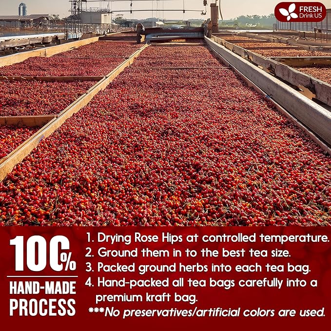 FreshDrinkUS, Premium 55 Rosehip Tea Bags, 100% Natural & Pure from Rose Hip Fruits. Loose Rosehip Herbal Tea. Made with Natural Material Tea Bags. No Sugar, No Caffeine, No Gluten, Vegan.