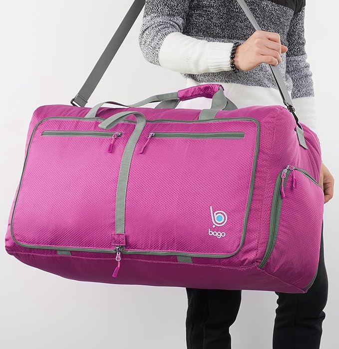 Bago Large Foldable Duffel Bags for Traveling Women & Men - 80L Packable Duffle Bag for Travel with Shoe Compartment - Water Repellant, Heavy Duty, Lightweight Folding & Collapsible (Pink)