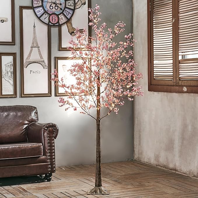 LIGHTSHARE 6FT Lighted Cherry Blossom Tree with 171 LED Warm White Lights, Artificial Sakura Tree with Dimmable Timer Transformer, Indoor Outdoor Decorative Tree with Ground Stakes