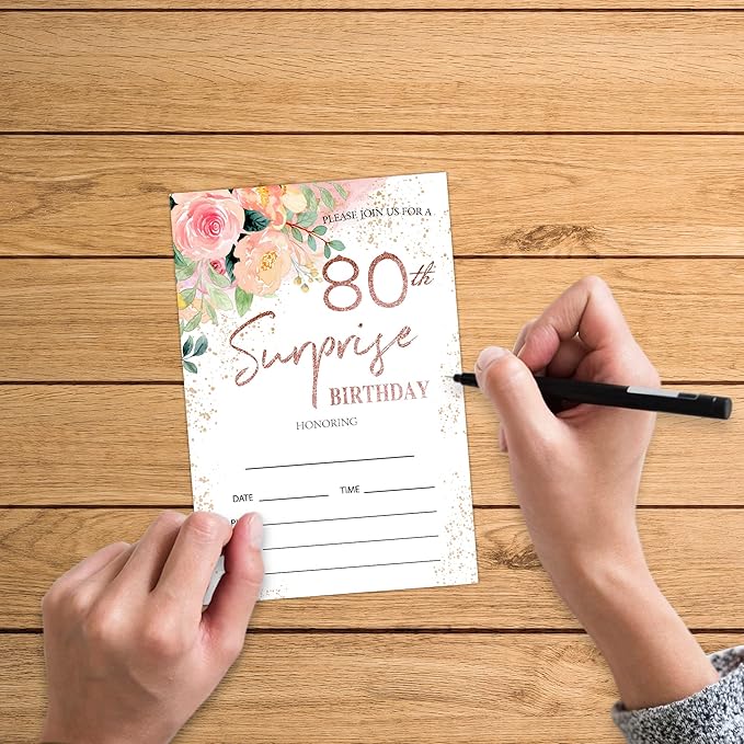 Zodvery Surprise 80th Birthday Party Invitations Cards - 80 Years old Rose Floral Pink Theme Party Supplies for Adult, Woman or Man - 20 Fill in Birthday Party Invitations and 20 Envelopes set/66