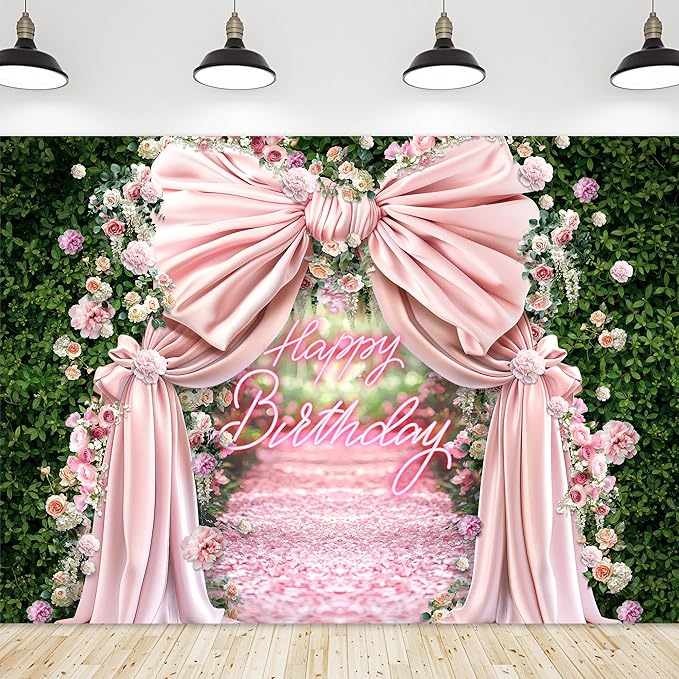 Riyidecor Happy Birthday Backdrop Polyester Fabric Pink Bow Floral Green Leaves Botanical Plant Nature Blossom Neon Flower Wall 7Wx5H Feet Girls Photography Background Birthday Photo Studio Shoot