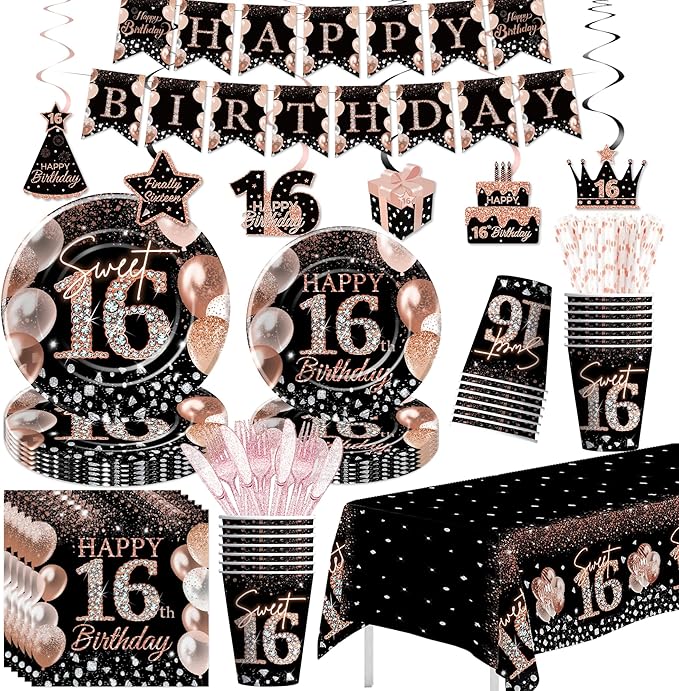 Sweet 16 Birthday Decorations for Girls, Black and Rose Gold Happy 16th Birthday Party Supplies Tableware, Paper Plate, Napkin, Cup, Disposable Cutlery, Tablecloth, Banner, Swirls, Serves 24