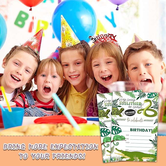 Reptile Birthday Party Invitations, 20-Count Snake Lizard Crocodile Theme Birthday Party Invites With Envelopes-HBYQK-B35