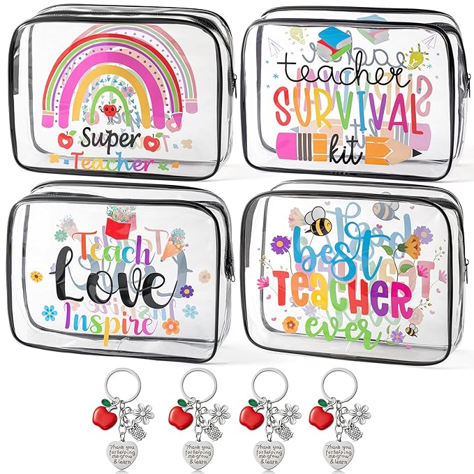 Y1tvei Big Makeup Bags Keychains Kit Gift for Teacher Appreciation- Best Teacher Ever 4 Clear Cosmetic Bags with 4 Apple Keychains, Waterproof Travel Toiletry Pouch Graduation Thank You Teacher Gift