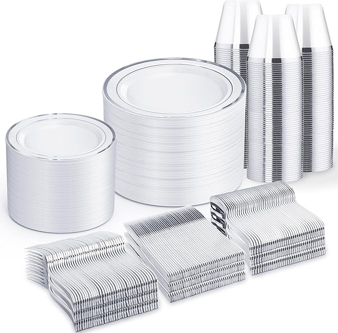 WELLIFE 600 PCS Silver Disposable Dinnerware Set for 100 Guests, Wedding Reception Plates & Silver Plastic Tableware, Dinner & Salad Plates, Cups, Forks, Knives & Spoons for Weddings & Elegant Events
