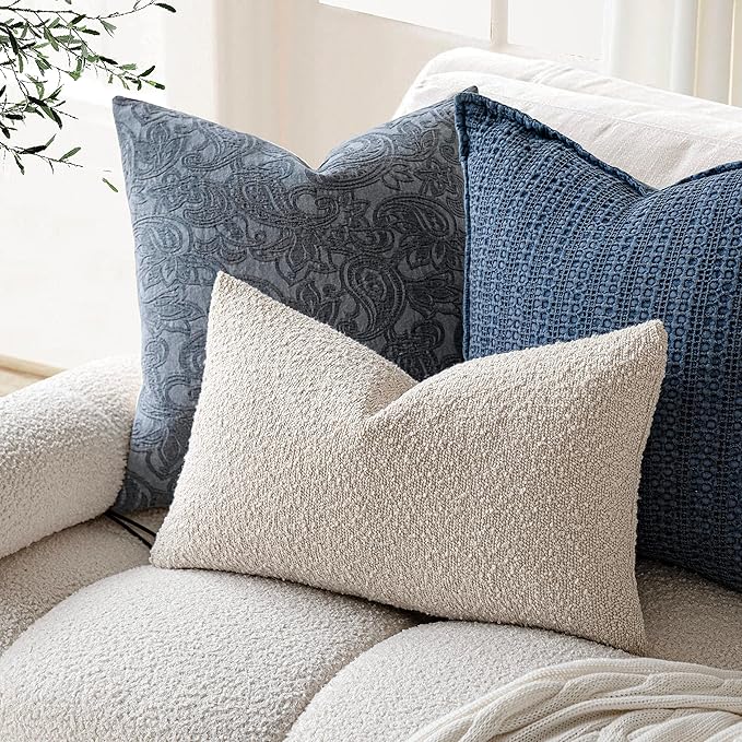 Foindtower Pack of 2 Textured Boucle Throw Pillow Covers Accent Solid Lumbar Pillow Cases Cozy Soft Decorative Couch Cushion Case for Chair Sofa Bedroom Living Room Home Decor, 12 x 20 Inch,Beige