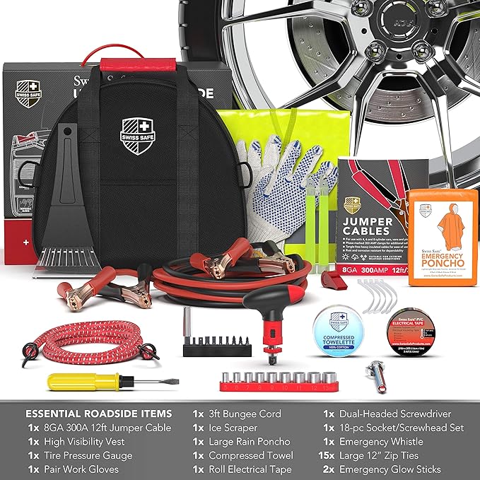 Swiss Safe 2-in-1 Car Emergency Kit | 12-FT Heavy-Duty Jumper Cables & 378-Piece Comprehensive Car First Aid Kit | Compact Roadside Auto Essentials for Vehicle Safety