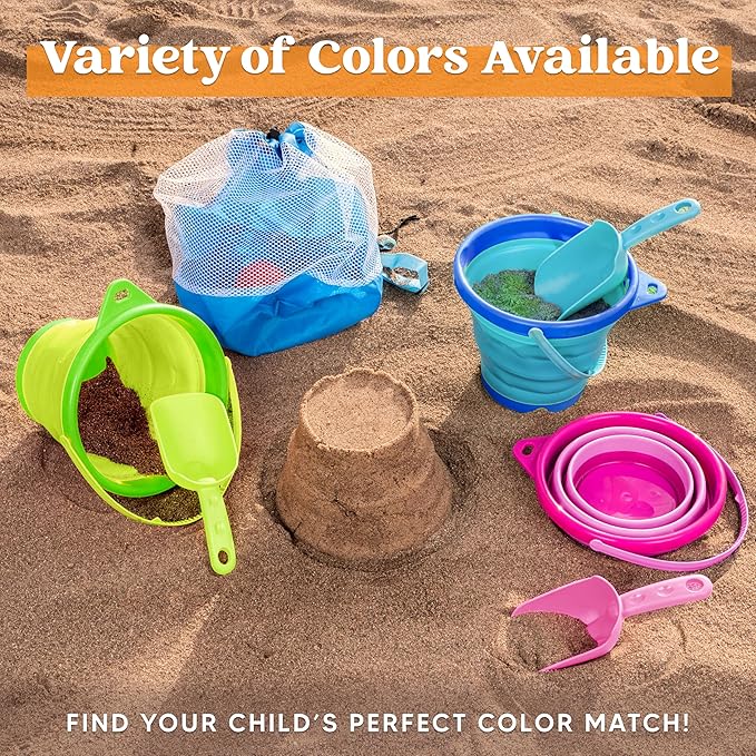 JOYIN 3 Packs Foldable Pail Bucket with Shovels & Mesh Bag, Collapsible Buckets Multi Purpose for Beach, Camping Gear, Beach Party, Fishing, and Fun Summer Activities (Blue/Pink/Green)