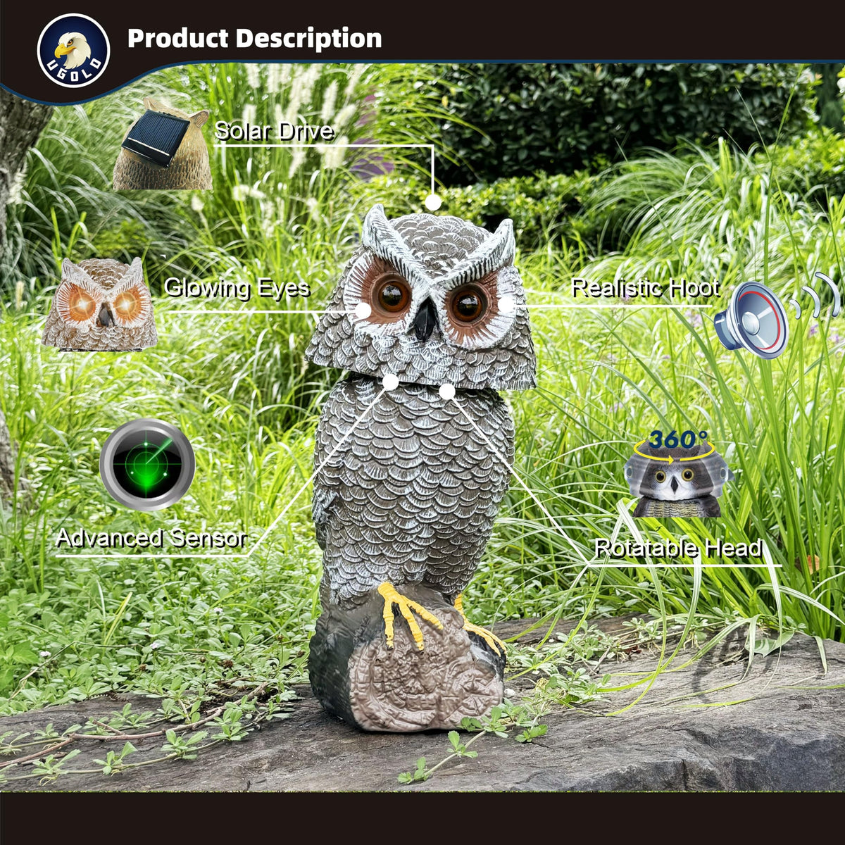 Ugold Solar Powered Garden Owl with Motion Detection, Rotating Head, Realistic Hoots and Silent Mode, Outdoor Statue and Sculpture, Owl Decoration for Home, Garden, Patio and Lawn