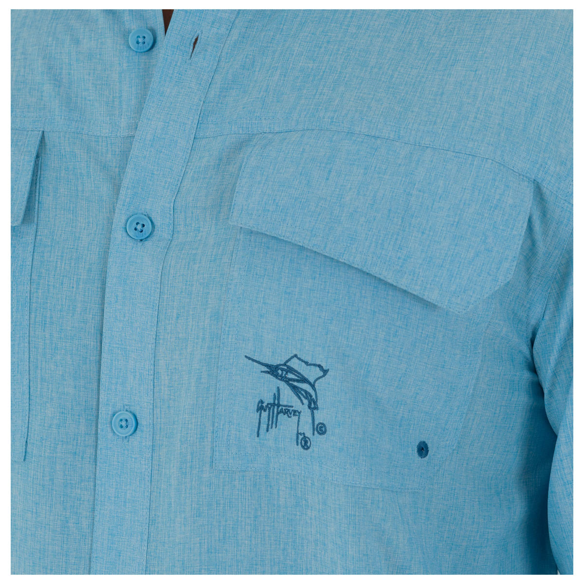 Guy Harvey Men's Long Sleeve Harbor Heather Performance Fishing Shirt, Bonnie Blue, Large
