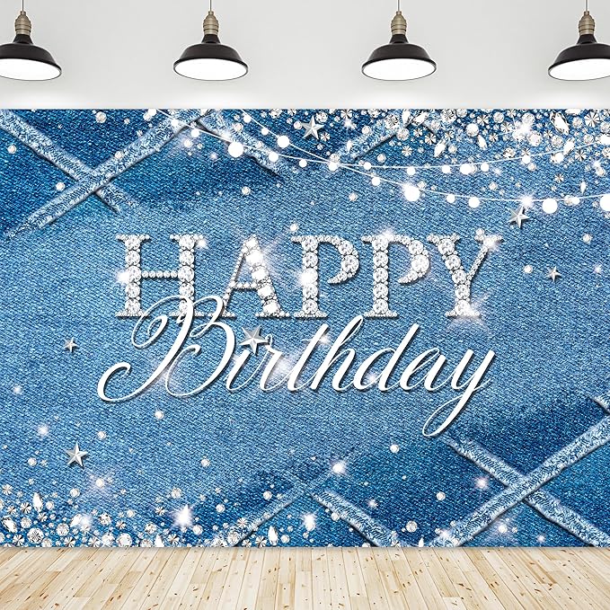 Riyidecor Denim Diamonds Birthday Backdrop for Women Navy Blue Silver Modern Luxury Crystal Sparkle Shining 7Wx5H Feet Girls Photography Background Happy Birthday Photo Studio Shoot Polyester Fabric