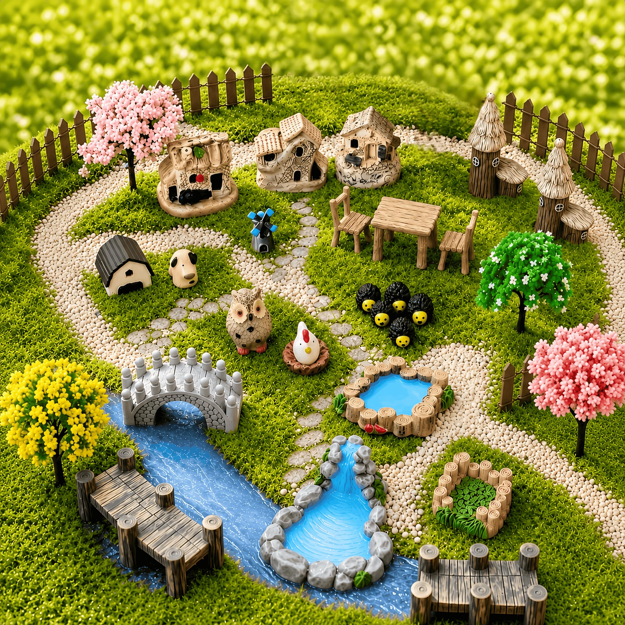 SangHW 33 Pcs Fairy Garden Kit, Resin Fairy House Accessories with Animal Figurines & Fences, Stable & Noticeable Terrarium Decor for Outdoor Planters and DIY Micro Landscapes