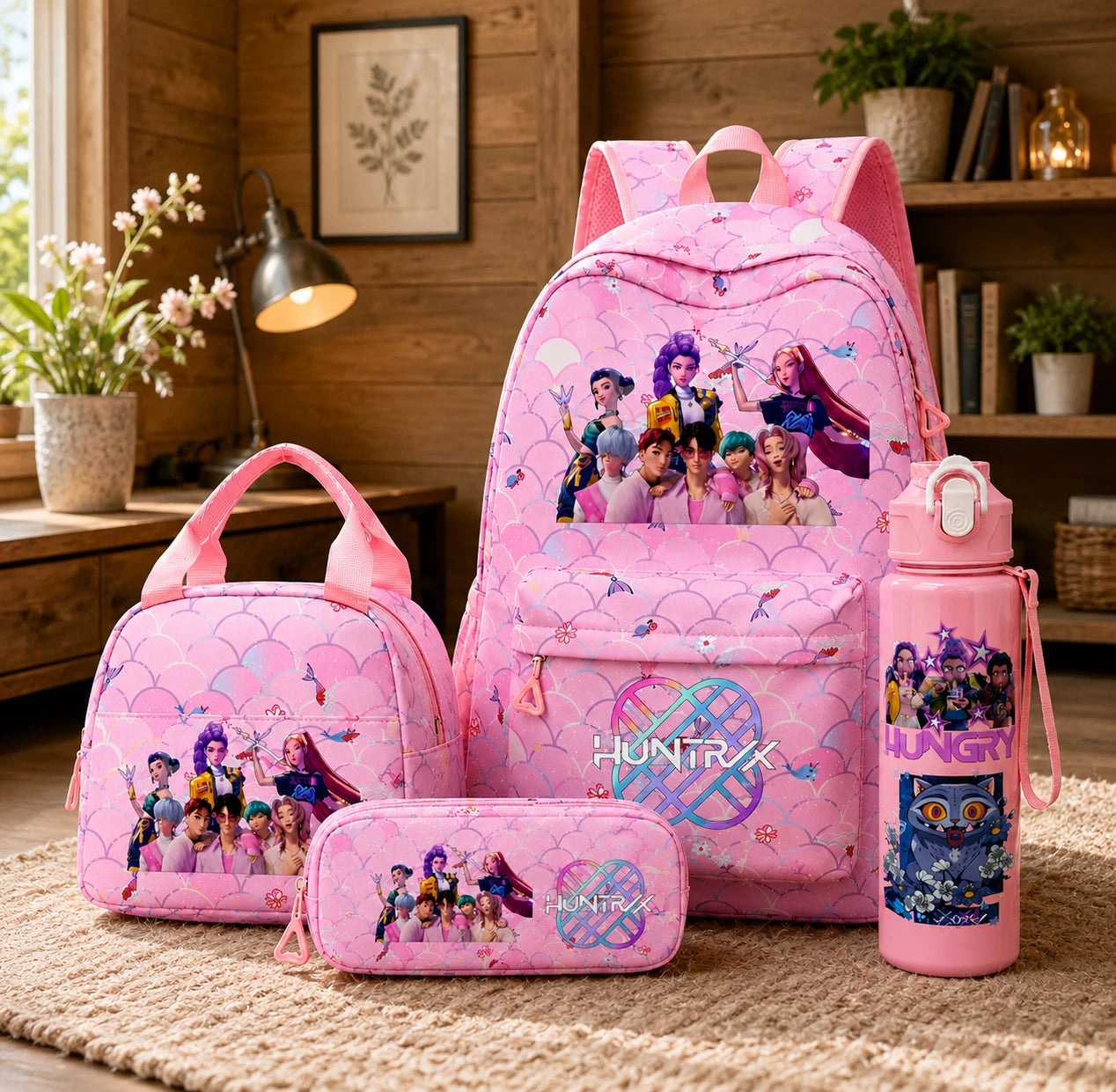 K Pop Demon Hunter 4 Piece Backpack Set, K Pop Backpack Set With Lunch Bag, Pencil Case & Water Bottle, Anime Demon Hunter School Bag Set