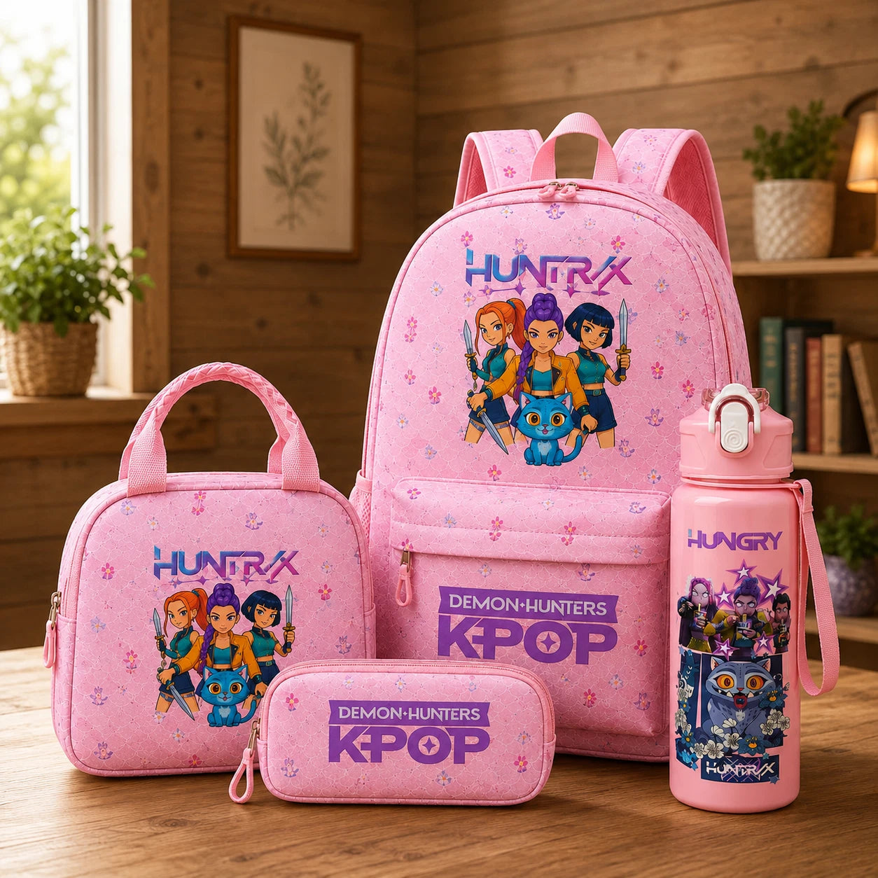 K Pop Demon Hunter 4 Piece Backpack Set, K Pop Backpack Set With Lunch Bag, Pencil Case & Water Bottle, Anime Demon Hunter School Bag Set