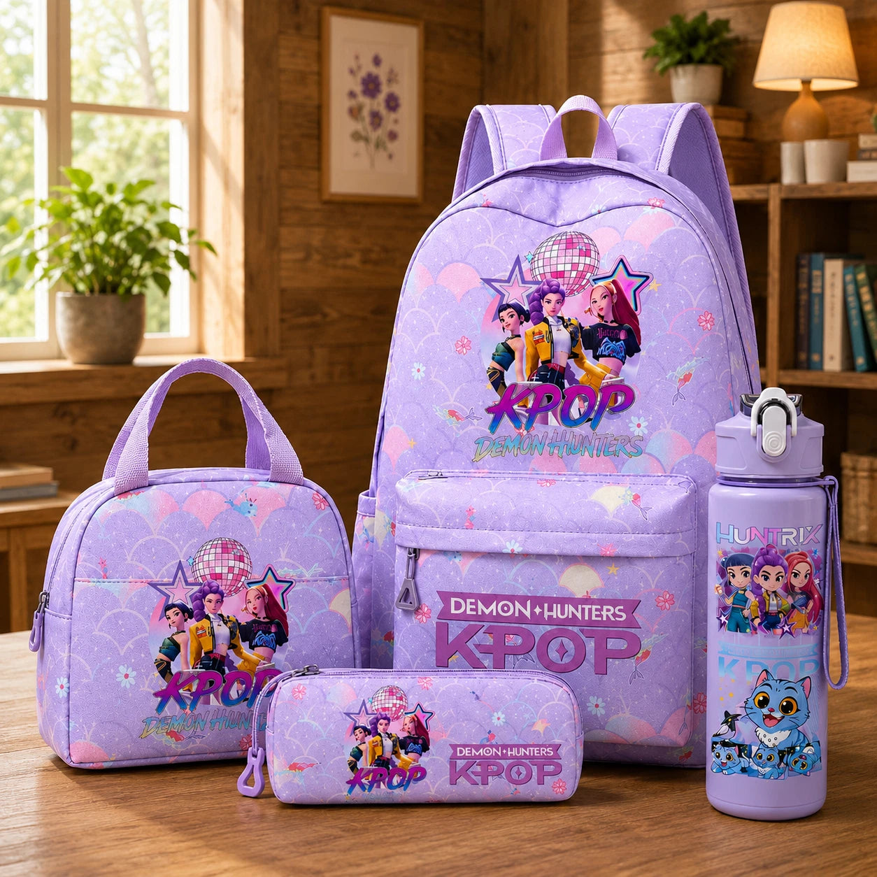 K Pop Demon Hunter 4 Piece Backpack Set, K Pop Backpack Set With Lunch Bag, Pencil Case & Water Bottle, Anime Demon Hunter School Bag Set
