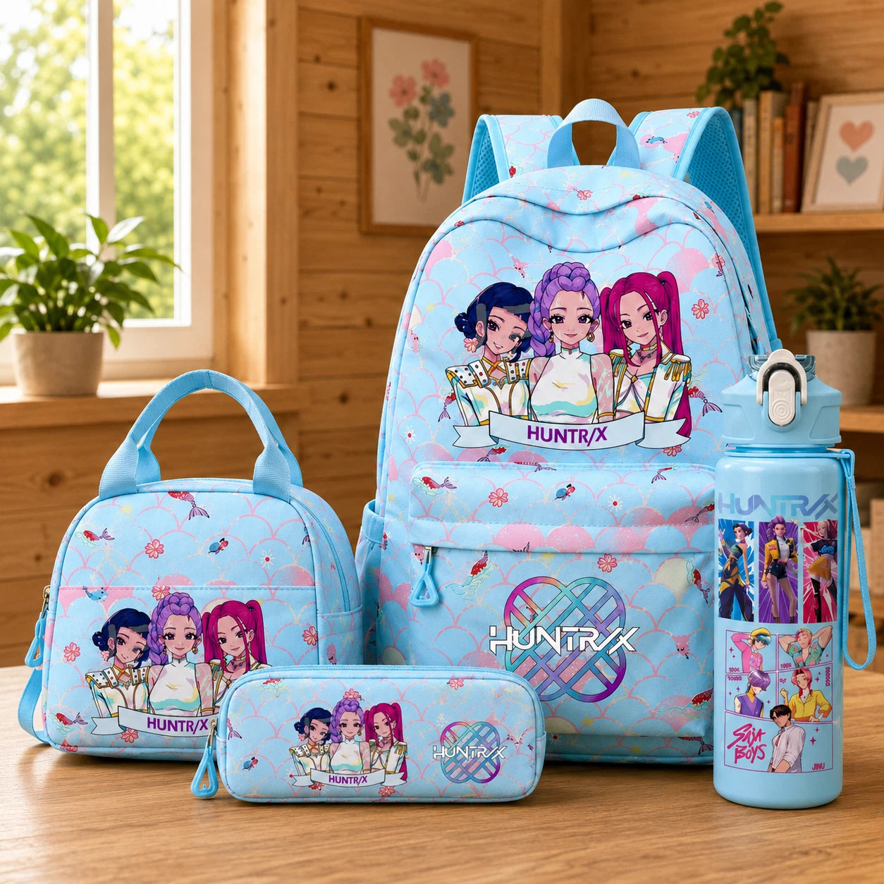 K Pop Demon Hunter 4 Piece Backpack Set, K Pop Backpack Set With Lunch Bag, Pencil Case & Water Bottle, Anime Demon Hunter School Bag Set