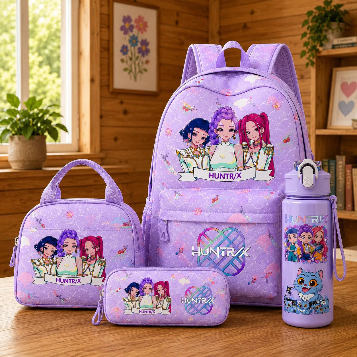 K Pop Demon Hunter 4 Piece Backpack Set, K Pop Backpack Set With Lunch Bag, Pencil Case & Water Bottle, Anime Demon Hunter School Bag Set