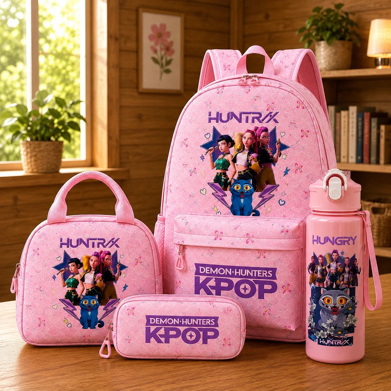 K Pop Demon Hunter 4 Piece Backpack Set, K Pop Backpack Set With Lunch Bag, Pencil Case & Water Bottle, Anime Demon Hunter School Bag Set
